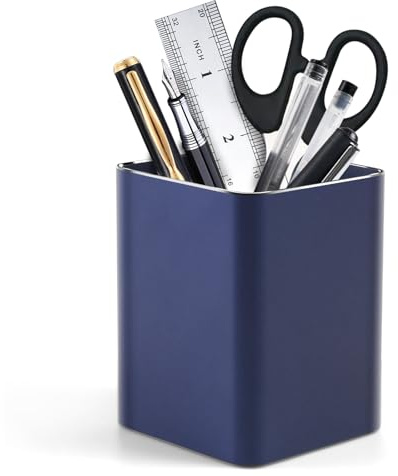 RQB Metal Pen Holder for Desk Square Aluminum Desktop Organizer and Makeup Brush Holder Storage Box for Office, School, Home, and Kids, Non-slip silicone 4×3.15inch (Blue)