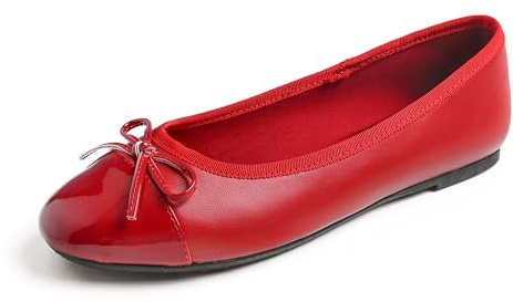 FEVERSOLE Women's Bow Tie Fashion Dress Slip On Shoes Round Toe Ballet Flat Red Patent Toe Cap Size 8.5 M US