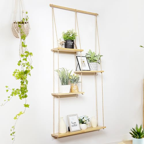 jontell Große Makramee Wand hängende Regal (150 x 60 cm)-5 Tier gestaffelt Makramee -Boho Home Decor-hohe Leiter schwimmende Regale Pflanze Regal Display Rack für Wand