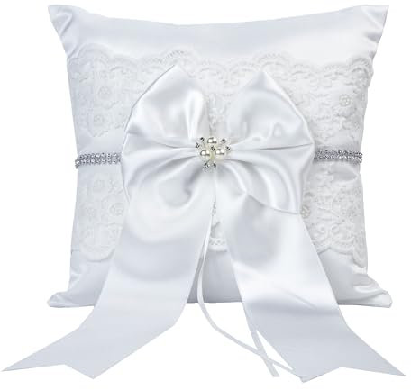 mimzemamz Ringkissen Hochzeit Ringhalter Kissen, Weiß Brautkissen Träger Ringschachtel 20x20cm Ringkästchen Ringschatulle mit Satinband und Simulation Perle (Ringkissen 2)