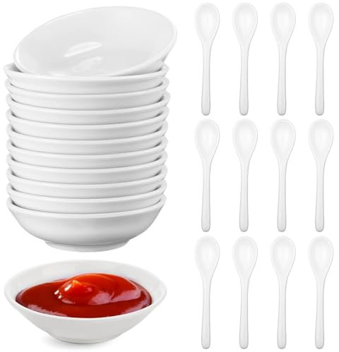 12 Piezas Cuencos Aperitivos, 3x3x0,8inch Redondo Cuencos para Salsa, Cuencos Salsa Soja con Cuchara, Platos Pequeños Aperitivos, Mini Plato de Salsa de Vinagre, Tazones para Salsas de Sushi (Blanco)