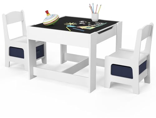IDMarket - Table à Dessin Reversible + 2 chaises Gabriel Blanc avec bacs de Rangement