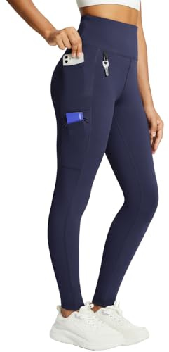 baleaf Leggings con forro polar para mujer, impermeables, de cintura alta, para senderismo, leggings térmicos, para bicicleta, pantalones para correr con bolsillos con cremallera, azul marino, S