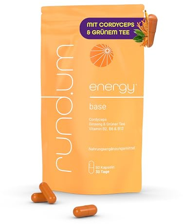 rund.um energy - 300mg pro Tagesdosis Cordyceps Vitalpilz - mit Ginseng & Grüntee - B Vitamine B2, B6 & B12 zur Unterstützung von Energiestoffwechsel, Konzentration & Fokus - vegan - 60 Kapseln