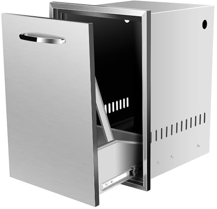 OUKIDR Built-in Single Trash Drawer Stainless Steel Outdoor Kitchen Pull-Out Trash Drawer Storage One Trash Bin for Outdoor Kitchen BBQ Island, 16 W x 22.3 H x 18 D