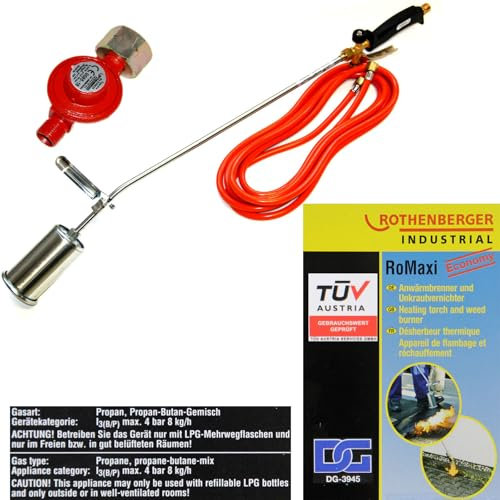 RoMaxi Economy Unkrautvernichter & Anwärmbrenner mit Regler, Propanschlauch, 60 cm Rohr, 1060°C, für Teerarbeiten, Unkrautbeseitigung, Trocknung, Schrumpfen, Holzveredelung, 25 kWh