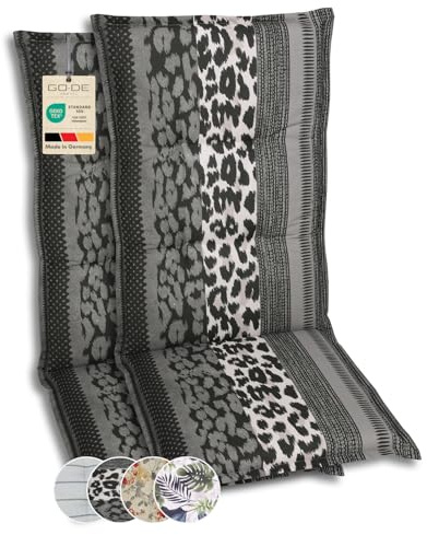 GO-DE Textil Bequeme und attraktive Polsterauflagen für Hochlehner-Gartenstühle (2er-Set, Leopard anthrazit, Hochlehner)
