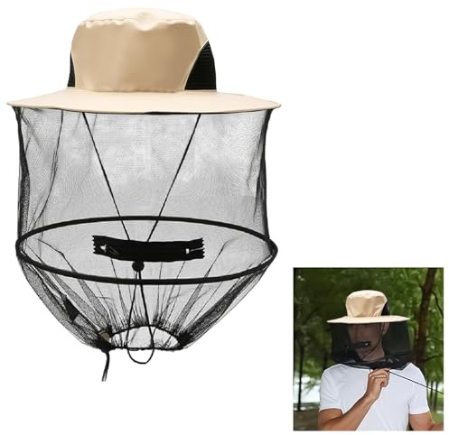 dellyy Imkerhut mit Schleier, Moskito Kopfnetz Hut, Beige Moskitonetz Kopf mit Hut, Imkerhut für Imkerei, Angeln, Camping, Bergsteigen und Reisen, Schützt vor Bienen- und Mückenstichen(Beige)