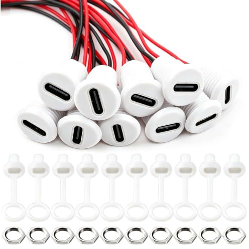 RUNCCI-YUN 10Pièces connecteur USB C a souder prise femelle,Ronde USB C 2 Fils femelle connecteur panneau,150mm 24 AWG, avec Cache-poussière et Écrous, Blanc avec fonction PD