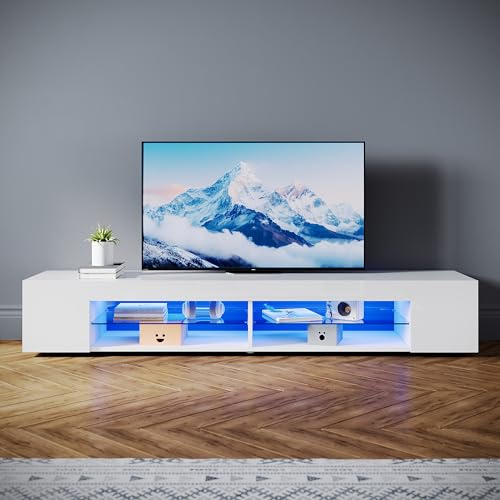 SONNI TV-skåp modernt 180 cm, lågbräda högglans vitt med 16 färger LED-belysning, glasgolv, 6 öppna hyllor för TV upp till 65 tum, TV-bord för vardagsrum och sovrum, 180 x 39 x 30 cm.