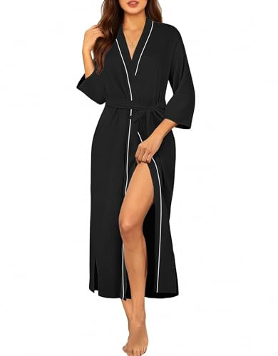 Ekouaer Robes for Women Long Knit Bathrobe Lightweight 3/4 Sleeves Kimono Robe Soft Sleepwear with Pockets(Black, X-Large)