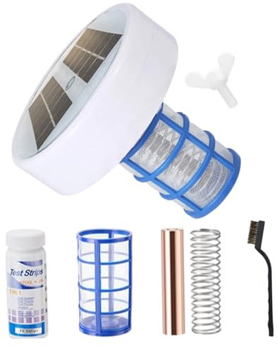 Ionizador de Piscina Purificador de Agua práctico ionizador de Piscina Solar al Aire Libre con luz, Cepillo y Papel de Prueba. Reduzca el Cloro hasta 35 y 000gal evitan el purificador de Agua turbia