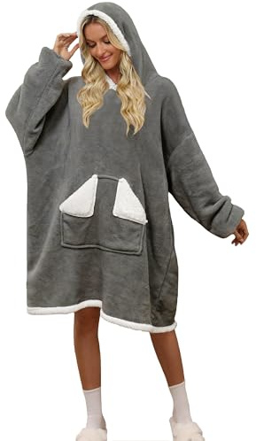 Glamnest Oversized Hoodie Blanket， Sherpa Wearable Blankets with Pocket & Sleeves, Soft Fleece Wearable Hooded Sweatshirt for Women Men One Size Grey