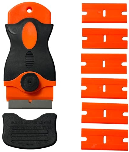 Plastic Scraper with 6 Replacement Plastic Blades Single-Head Scraper Sticky Residue Remover Tool for Adhesive, Glue, Stickers, Labels on Glass, Window, Floor, Car & Household Surfaces