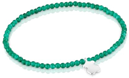 TOUS Pulsera Elástica para Mujer con Bolas Redondas Facetadas de Calcedónia En Color Verde y Motivo Oso de Plata de Primera Ley, 17cm de Largo, Colección Motivos