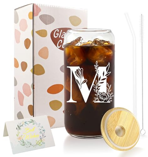 A-Z Initial Personalised Gifts for Women, Birthday Coffee Glass Cups Gifts Set, 16oz Iced Coffee Glass Cup with Lids and Straws, Iced Coffees Cup for Women, Mum, Teachers, Friends, Best Friend (M)
