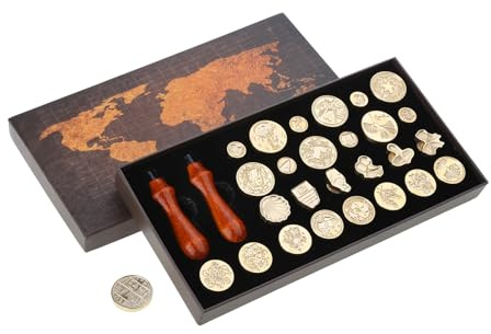 SHYYOULQE Wachssiegel-Stempel-Set, 26 Buchstaben, Siegelstempel mit 2 Holzgriffen, Stempel für Karten, Umschläge, Messing-Wachssiegelstempel und Griff