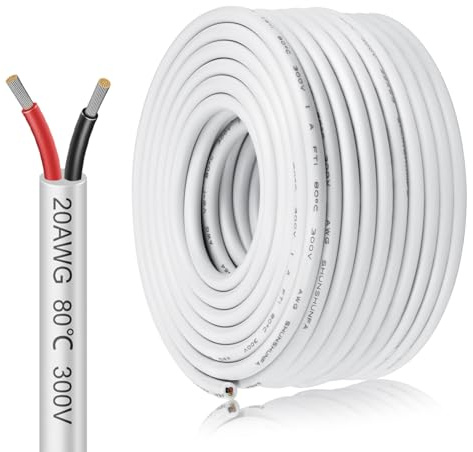 inShareplus Câble électrique 20 AWG 2 conducteurs, 2×0,5 mm², 20 m, Fil en cuivre étamé blanc, 5V / 12V / 24V, 300V, Câble flexible et souple résistant à haute température pour extérieur