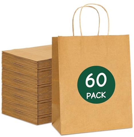 60 packs Brown Kraft Paper Bags with Handles – 50 Small Recyclable Biodegradable SOS Carrier Bags (10.6 × 8.3 × 4.3 in) | Eco-Friendly, Strong Takeaway, Grocery, Shopping, Lunch, Party