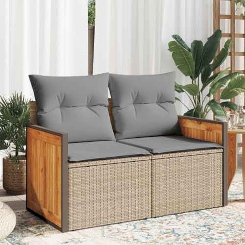 Kaloriko Gartensofa mit Kissen 2-Sitzer Beige Poly Rattan, 118x62x69 cm, UV-beständig, für Garten & Terrasse, inklusive abnehmbaren Kissenbezügen
