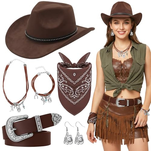 6 stycken cowboy hatt set för kvinnor, västerländska cowgirl outfit kvinnor med hatt armband halsband örhängen näsduk bälte cowboy kostym accessoarer set för vuxna fest halloween karneval temafester