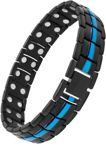 OUTLETISSIMO® Magnetiskt armband herr matt svart mesh med glänsande blå mittrand, modern och sportig design, lätt och hållbar titan, säkerhetslås S108