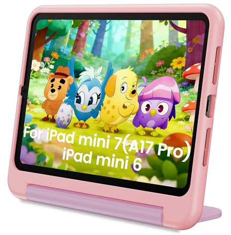 INFILAND Kids Case for iPad Mini 7 2024 (A17 Pro), iPad Mini 6 Case(8.3 Inch 2021 Model), iPad Mini 7th/6th Generation Case with Durable Soft Shockproof Stand and Handle (Pink-Purple)