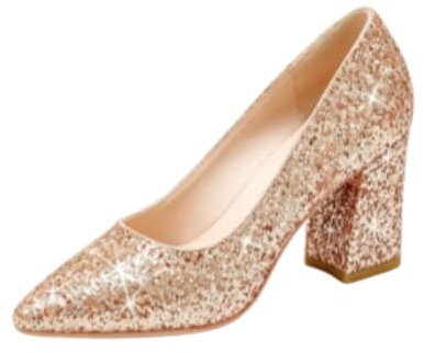 Genérico Zapatos Novia Brillantina Punta Fina Tacón Ancho Elegantes Fiesta | Zapatos Elegantes De Brillo Punta Fina Tacón Ancho Bloque Suela Antideslizante Calzados Fiesta Novia Para Bodas