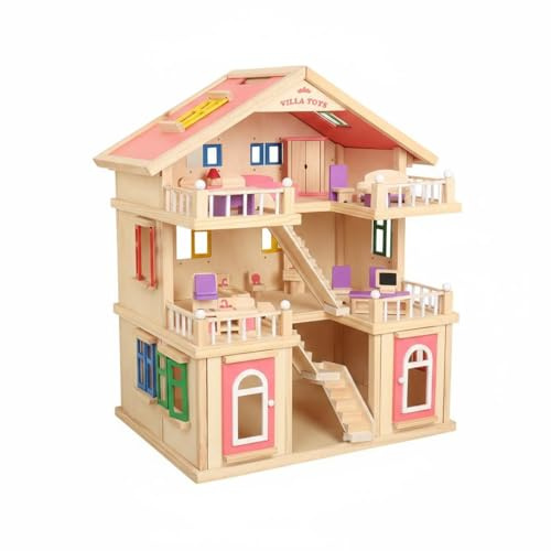Bffcnl Casa Delle Bambole in Legno Gioco di Ruolo Casetta Delle Casa Bambole 3 Piani Design Realistico Giocattolo in Legno per Asilo, Multicolore