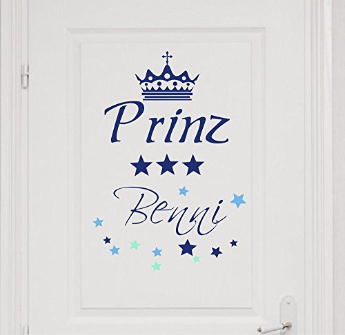 Türaufkleber mit Wunschnamen, 73058-29cm-tricolore-blau, mit bunten Sternen, kleiner Prinz mit Krone - fürs Spielzimmer Jungenzimmer, Kinderzimmer Jungen, Kinderaufkleber mit Namen