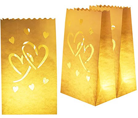 Homemory Valentine's Day 50 PCS White Luminary Bags with Hearts, Upgraded Moisture-Proof Candle Bags, Tea Light Luminaries for Wedding, Halloween, Thanksgiving, Christmas, Party