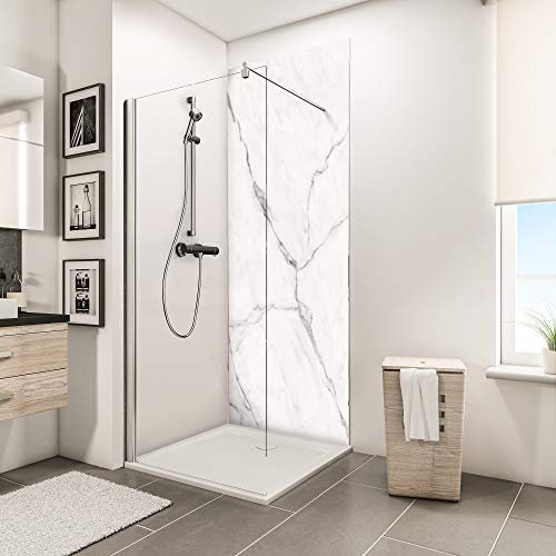 Schulte 1 panneau mural l.100 x h.210 cm, surface brillante 2.1 m², 3 mm épaisseur, revêtement pour salle de bain douche, resistant aux rayures, marbe de carrare, livré avec adhésif double face