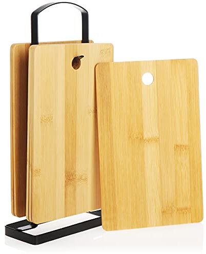 com-four® 7-teiliges Schneidebrett-Set aus Bambus - Frühstücksbretter mit Bretthalter - kleine nachhaltige Servierplatten - Brotbretter mit Ständer aus Metall (07-teilig - Bambus)