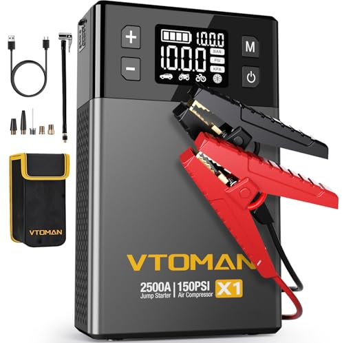 VTOMAN X1 Starthilfe mit Luftkompressor, 2500 A tragbarer Akku-Booster (bis zu 8,5 l Gas/6 l Dieselmotoren) mit 150 PSI Digital-Reifenfüller, 12 V Auto-Lithium-Akku-Starthilfe-Pack, Ladegerät (Grey)