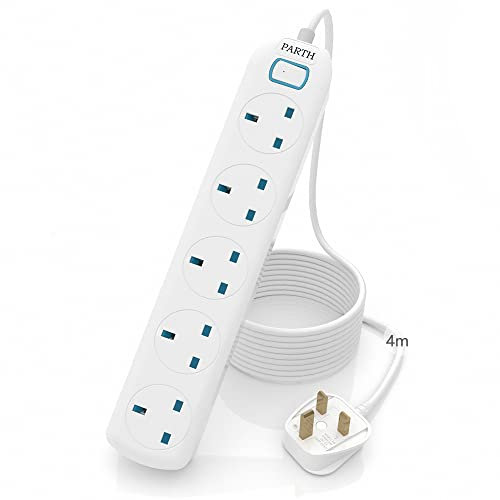 PARTH 4m Extension Lead with Heavy Duty Cable 5 Way Plug Extension Socket 4 metre Power Strip 13A/3250W UK Sockets Safety Multi Plugs Extension Cord 5 Gang Extension Lead for Home Office School