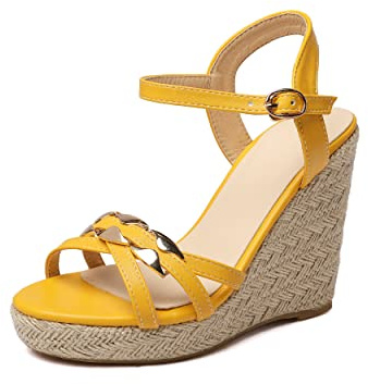 Syntetiskt sexigt peep-tåspänne rem kilklack damsandaler hög klack med 11 cm pumps för kvinnor stor storlek t33-502, GUL, 35 EU