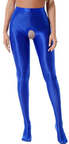 Freebily Damen Glänzend Strumpfhosen Sexy Offener Schritt Seiden-Glanz Glatte Leggings Frauen Feinstrumpfhose Crotchless Blau XL