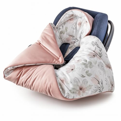 BABEES© 80x80 cm Einschlagdecke für Babyschale Autositz FRÜHLING ganzjährig wattiert Ganzjahresdecke, Universal mit Klettverschluss Übergangszeit 3-Punkt-Gurt Blumen