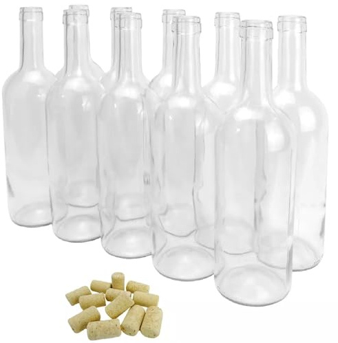 MIKONI 10x Weinflasche 750 ml ohne/mit Korken Glasflasche Leere Flasche Likör Wein 3 Farben (10 STK. mit Korken, Weiß)