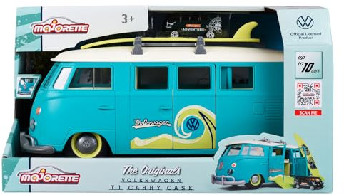 Jada - Volkswagen T1 skåpbil, 31 cm, 9 bilbehållare skala 1:64 (7,5 cm) med ljus, surfbräda och klistermärken, tak och avtagbart fack (212055010)