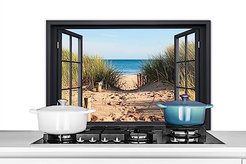 KitchenYeah© Küchenrückwand Platte Spritzschutz Küche Deko Aluminium Platte Spritzschutz Herd Alternative für GlasplatteDurchblick - Strand - See - Sand - Wasser - Strandhafer - Dune - 80x55 cm