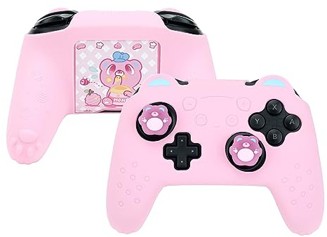 GeekShare Entzückendes Bären-Controller-Skin-Set mit 2 Daumengriffkappen und 1 Aufkleber, rutschfeste Silikon-Schutzhülle für Switch Pro Controller – Rosa