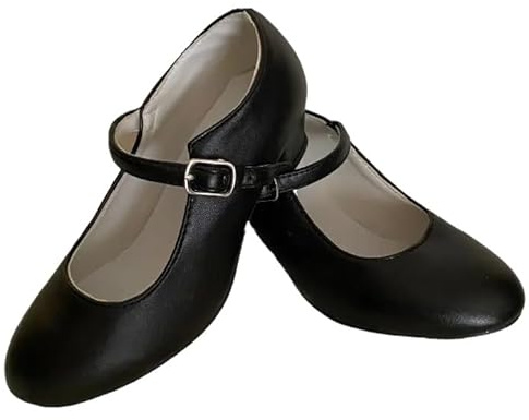Tacchi Fenicottero iniziazione per ragazza e donna, chiusura con fibbia, scarpe flamenca, sivigliane, danza spagnola, taglie 24 a 41, Nero , 33 EU