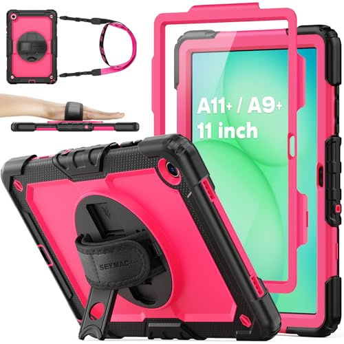 SEYMAC stock Hülle für Samsung Galaxy Tab A11+ Plus/A9+ Plus 11, Rose | Rundumschutz,Zwei Frontrahmen,Displayschutzfolie, 360° Drehbarer Ständer/Handschlaufe,Verstellbarer Schultergurt,Stifthalter