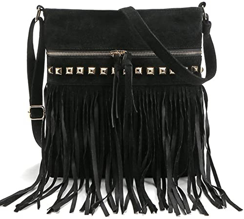 ARVALOLET Faux Wildleder Umhängetasche Frauen Retro Schulter Crossbody Tasche Fransen Quaste Einfarbig Hippie Stil Verziert Nieten Reise Straße, Schwarz, 25 * 11 * 18 cm