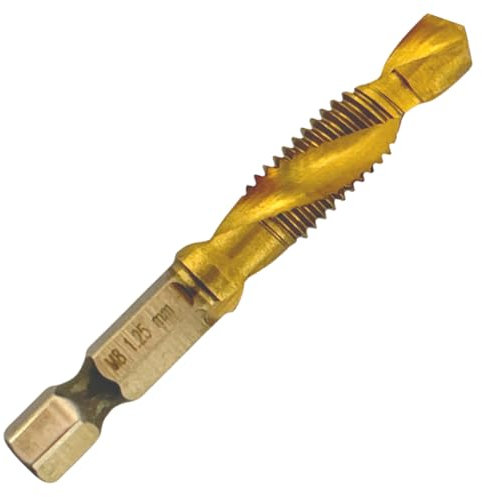 Rennie Tools - M8 x 1.25 Combination Drill and Tap Bit, 1/4 Hex Shank. Metric Coarse Titanium Coated HSS Spiral Flute Drilling Tapping Tool. 8mm x 1.25mm Pitch Drill Bit.
