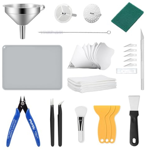 Resin 3D Drucker Werkzeug Kit, LCD SLA Zubehör mit Trichter & Schaber Set | 304 Edelstahl-Trichter mit Doppelsieb, Silikonmatte, Metall- & Kunststoffschaber, 40-in-1 resin 3D Drucker Zubehör Kit