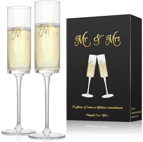 AstraLoom Juego de 2 copas de champán de 210 ml con caja de regalo, Mr & Mrs, champán/Prosecco/fiesta de cumpleaños/vacaciones, banquete, regalo de compromiso/regalo de boda para parejas