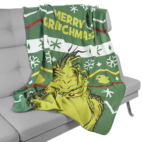 United Labels Grinch Kuscheldecke 130x170 cm, Grün, Decke Merry Grinchmas, Fleecedecke flauschig, Sofadecke, Wohndecke