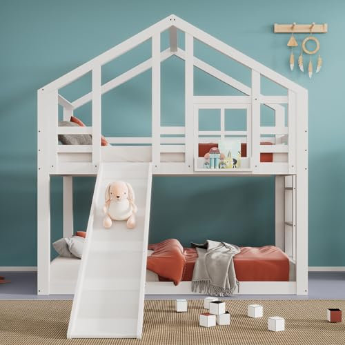 Cayipng Litera para niños con tobogán y escalera, 90 x 200 cm, cama alta de matrimonio para niños, cama infantil con protección contra caídas, 2 camas – 2 somieres de láminas, color blanco
